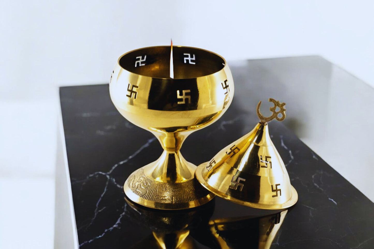 Pure Brass Om Incense Burner / Diya Holder with Lid Brass Table Diya