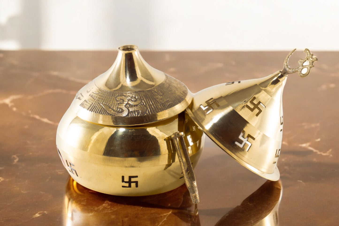 Pure Brass Om Incense Burner / Diya Holder with Lid Brass Table Diya