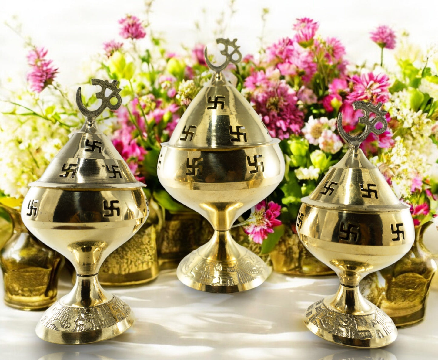 Pure Brass Om Incense Burner / Diya Holder with Lid Brass Table Diya