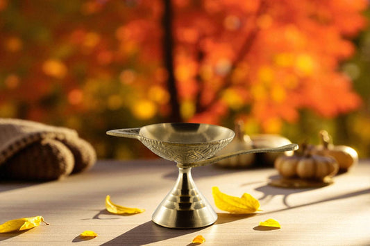 Premium Brass Diya with Floral Engraved Bowl & Straight Handle – Antique Pooja Oil Lamp for Temple & Festivals