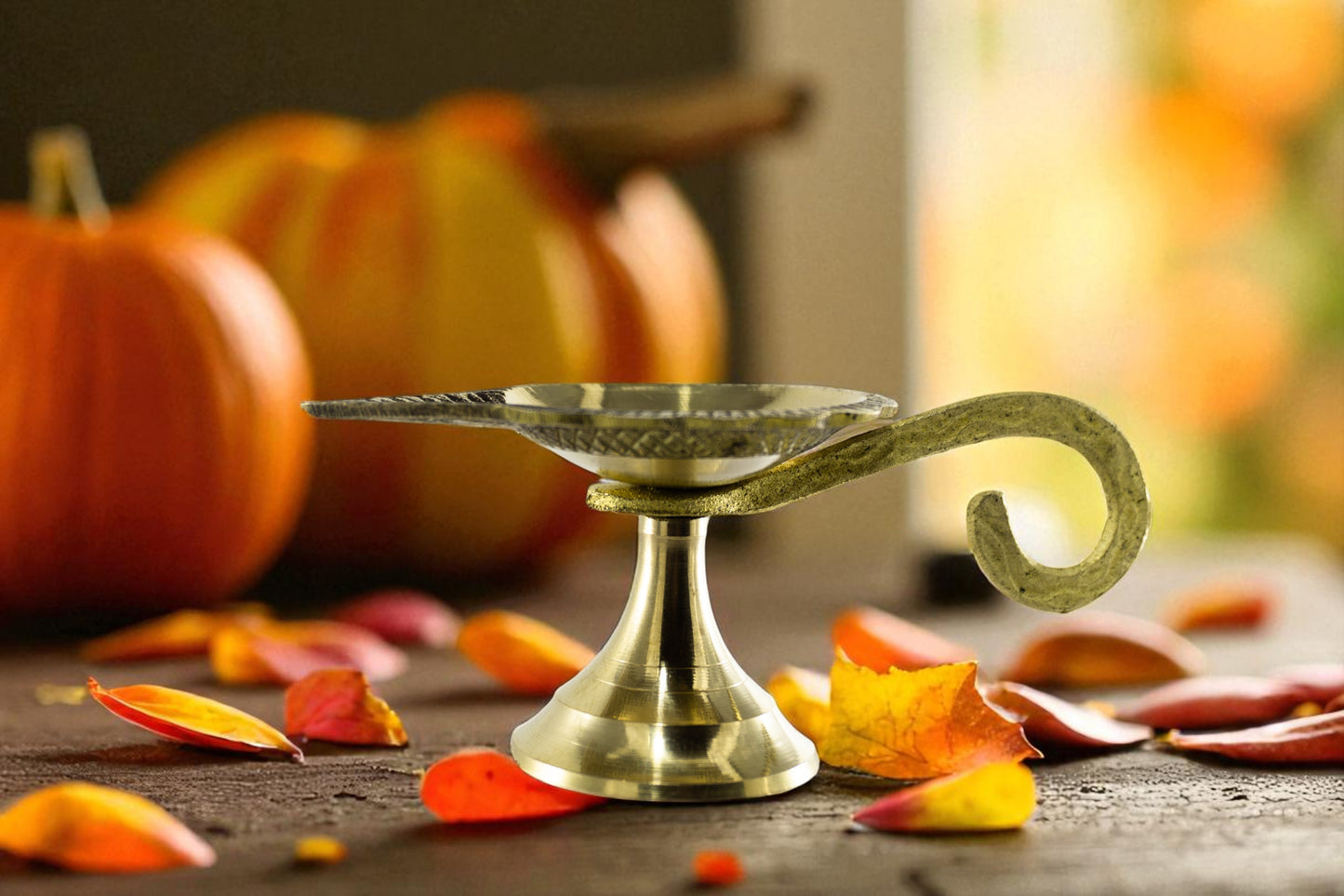 Premium Brass Diya with Pointed Spout & Curved Handle – Antique Pooja Oil Lamp for Home & Festivals