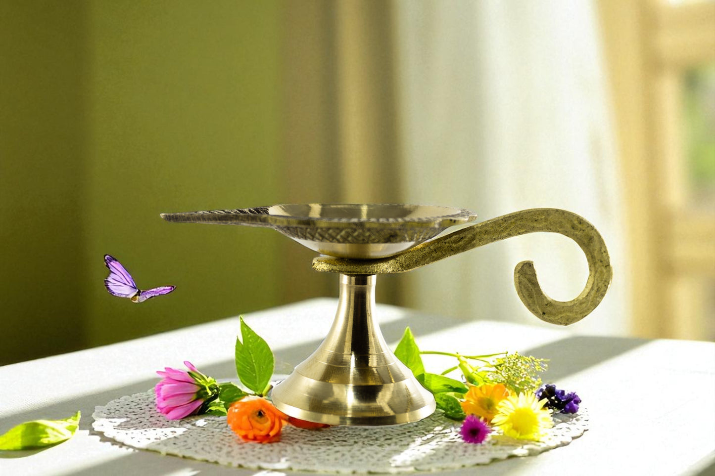Premium Brass Diya with Pointed Spout & Curved Handle – Antique Pooja Oil Lamp for Home & Festivals
