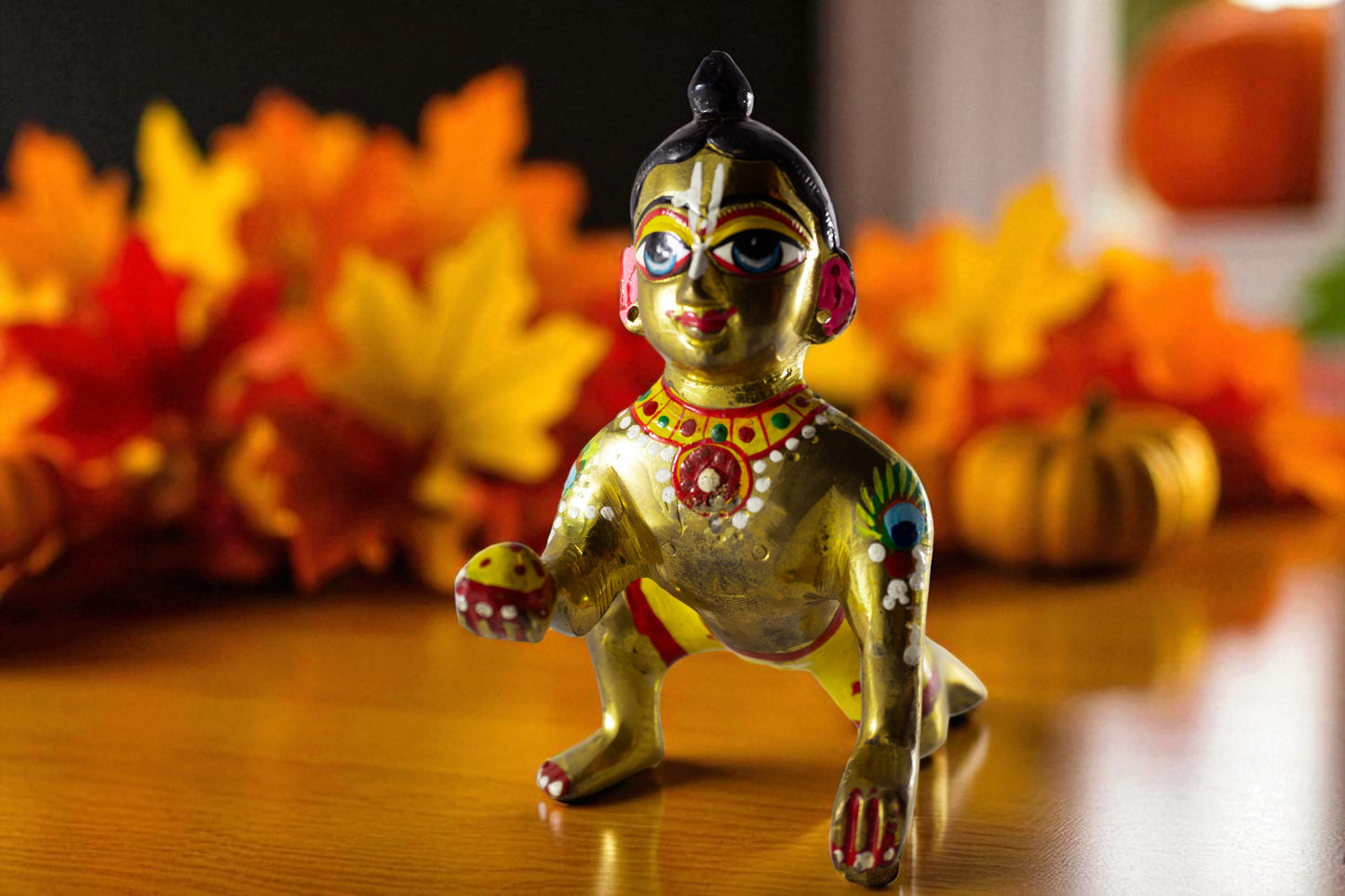 Pure Brass Laddu Gopal Idol / Baal Gopal Murti Decorative Showpiece (Coloured)