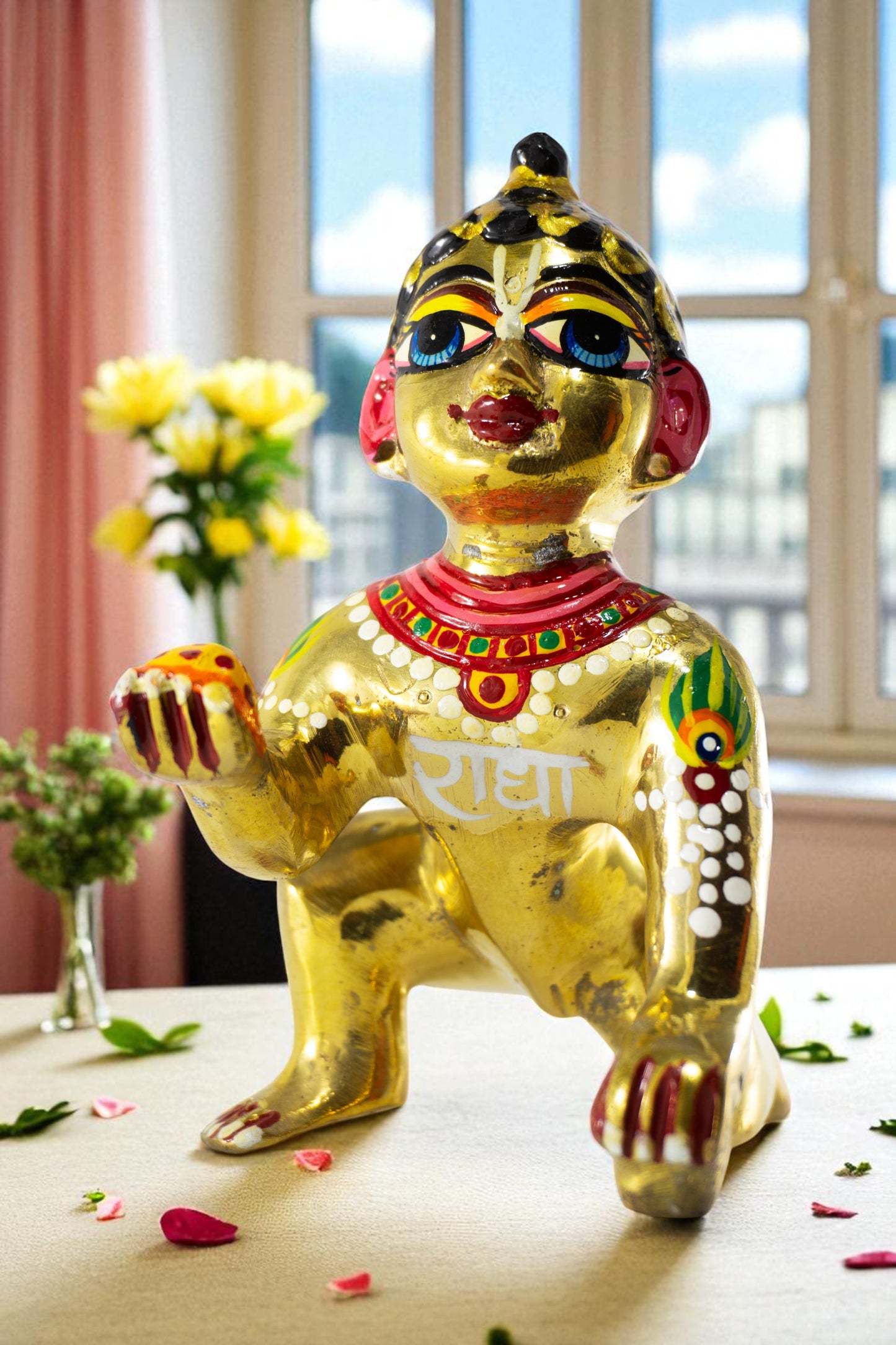 Pure Brass Laddu Gopal Idol / Baal Gopal Murti Decorative Showpiece (Coloured)