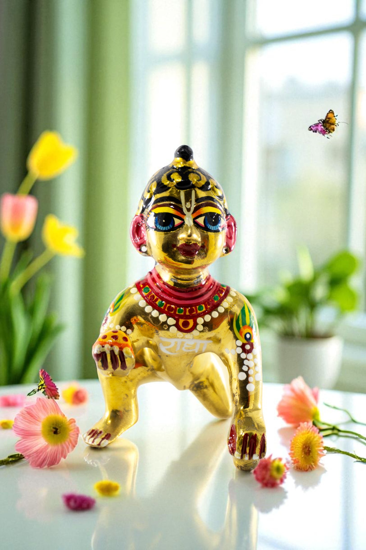 Pure Brass Laddu Gopal Idol / Baal Gopal Murti Decorative Showpiece (Coloured)