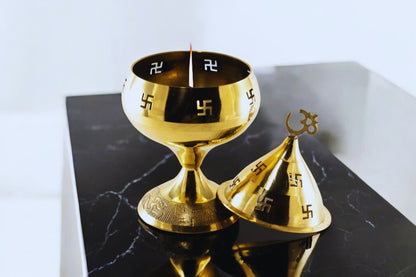 Pure Brass Om Incense Burner / Diya Holder with Lid Brass Table Diya