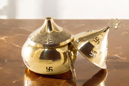 Pure Brass Om Incense Burner / Diya Holder with Lid Brass Table Diya