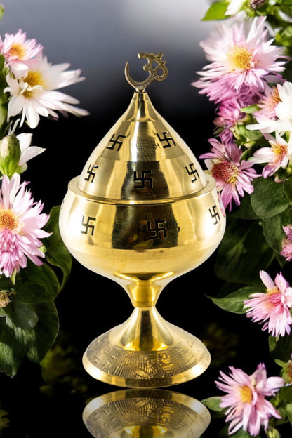 Pure Brass Om Incense Burner / Diya Holder with Lid Brass Table Diya