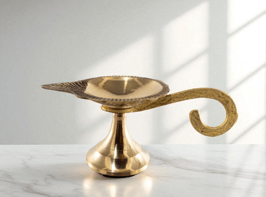 Premium Brass Diya with Pointed Spout & Curved Handle – Antique Pooja Oil Lamp for Home & Festivals