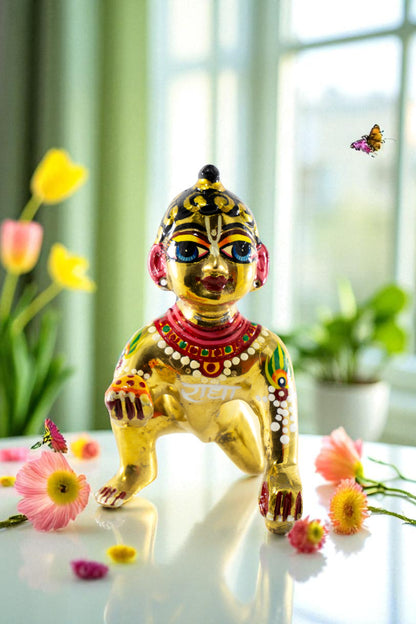 Pure Brass Laddu Gopal Idol / Baal Gopal Murti Decorative Showpiece (Coloured)